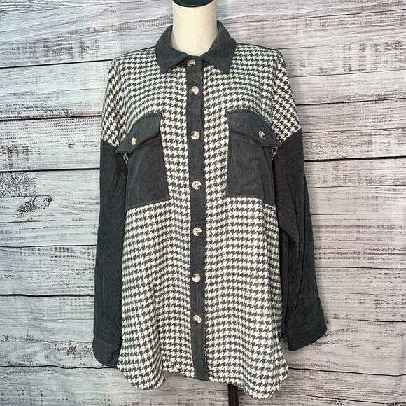 Plus Size 2X Corduroy Houndstooth Colorblock Shacket Jacket Gray and White - Picture 1 of 8